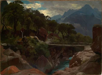 Rio de montanha suíço com passadiço