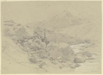 Moinho de água numa paisagem montanhosa