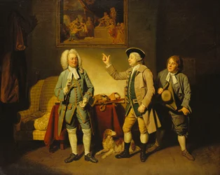 Uma cena de "Love in a Village", de Isaac Bickerstaffe, Ato 1, Cena 2, com Edward Shuter como Justice Woodcock, John Beard como Hawthorn e John Dunstall como Hodge,