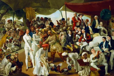 O coronel Mordaunt a assistir a uma luta de galos em Lucknow, Índia, 1790