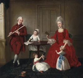 Rococo : Retrato do Sr. e Sra. James Blew e seus três filhos em um interior elegante par Johann Zoffany (Zauffelij) (1733-1810). 1660-1670, Óleo sobre tela, 75x80,3. Coleção Particular