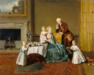 w:John Peyto-Verney, 14º Barão Willoughby de Broke (1738-1816), e a sua família na sala de pequenos-almoços em Compton Verney. Em casa, em Compton Verney House, Warwickshire, construída por ele em 1762-8.