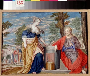 Cristo e a mulher samaritana no Poço de Jacob. Cristo e a mulher samaritana no poço de Jacob. Pintura de Johannes Koenig (1586-1632/1635). Arte alemã, estilo barroco. Gouache em pergaminho. Pushkin Museum of Fine Arts, Moscovo.