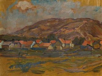 Paisagem com casas e montanha