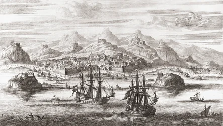 Navios holandeses em frente de Moscatel, Omã no século XVII (impressão)