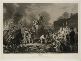 Puxando para baixo a estátua de George III, pelos filhos da liberdade, no Bowling Green, cidade de Nova York, julho de 1770, gravado por John C. McRae, depois de 1853