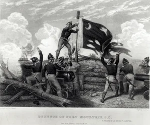 O heroísmo do sargento William Jasper em defesa de Fort Moultrie, Carolina do Sul, em 12 de maio de 1780, gravado por GR Hall