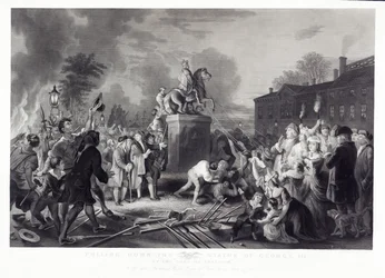 Descendo a Estátua de George III pelos Filhos da Liberdade, no Bowling Green, Cidade de Nova York, julho de 1776, pub. 1875