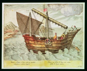 Um lixo chinês, ilustração de &39;Jan Huyghen van Linschoten, seu discurso de viagens para o leste e as Índias Ocidentais&39;, 1579-92 (gravura)
