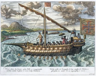 Fusta, ilustração de &39;Jan Huyghen van Linschoten, Seu Discurso sobre Viagens às Índias Orientais e Orientais&39;, 1579-92