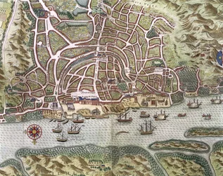 Mapa da cidade e Porto Português de Goa, na Índia, detalhe do porto e transporte mercante, detalhe de gravura 1595 de 110750
