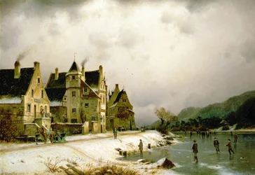 Uma paisagem fluvial de Inverno com figuras a patinar no gelo por uma aldeia (óleo sobre tela)