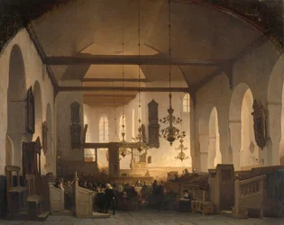 Interior do Geertekerk em Utrecht com a celebração da Santa Ceia