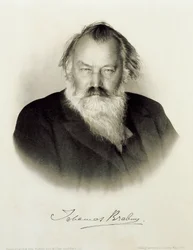 Alemanha, retrato gravado do compositor, pianista e maestro alemão Johannes Brahms