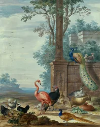 Paisagem italianizante com um pavão, faisão, flamingo e outras aves de capoeira