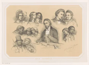 Charles Dickens em meio a figuras de David Copperfield