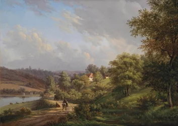 Um dia tranquilo em uma paisagem montanhosa (óleo no painel)