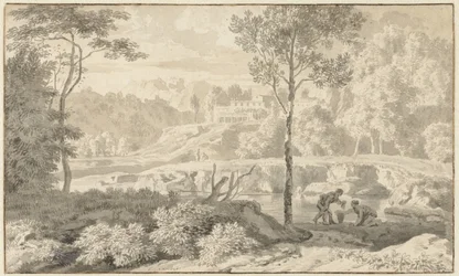 Paisagem Arcadian com figuras por um lago
