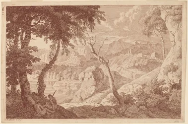 Paisagem de montanha com dois homens descansando