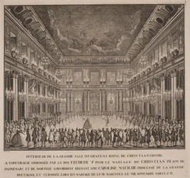 A bola da corte no salão de cavaleiros de Christiansborg no casamento de Christian VII com Caroline Mathilde