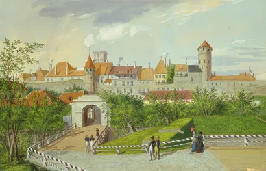 Uma vista do Portão da Pequena Costa com Hattorpe e Torres Stolting, Tallinn, guache sobre papelão)