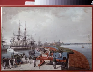Vista de Reval (agora Tallin (Tallin), Estónia), do Porto e da Artilharia Costeira Russa. Trabalho de Johannes Hau (1771-1838), aguarela sobre papel