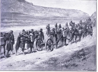 Uma bateria de armas de campo a caminho de Ichon, ilustração deCassells História da Guerra Russo-Japonesa Vol 1, c.1900