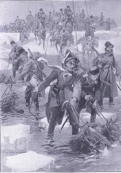 Uma façanha de equitação. Cavalaria russa atravessando um rio, ilustração fromCassells História da guerra russo-japonesa Vol 1, c.1900