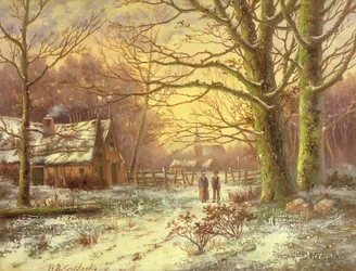 Figuras em um caminho antes de uma aldeia no inverno