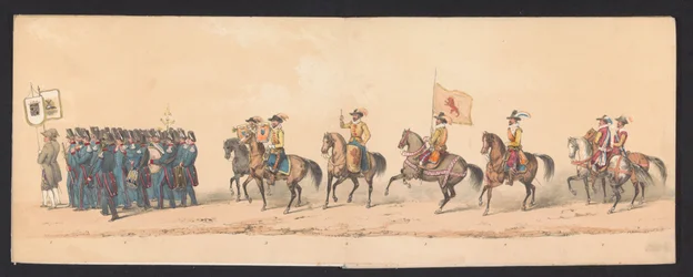 Concurso histórico dos alunos da Escola Secundária de Groningen, 1850 (placa 1)
Representação fantasiada da entrada de Maurice, Príncipe de Orange, Conde de Nassau, etc. e Willem Lodewijk, Conde de Nassau, em Groningen, no ano 1594, por H.H.