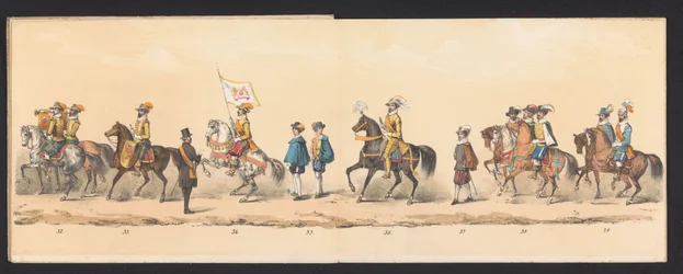 Procissão histórica por estudantes da Universidade de Ciências Aplicadas de Groningen, 1850 (placa 5) Representação fantasiada da entrada de Maurits, Príncipe de Orange, Conde de Nassau, etc. e Willem Lodewijk, Conde de Nassau, dentro de Groningen no ano d