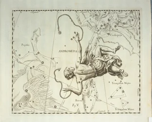 Constelação boreal de Andrómeda, gravura de atlas celeste Firmamentum Sobiescianum sive Uronographia, de Johann Hevelius (1611-1687), Gdansk