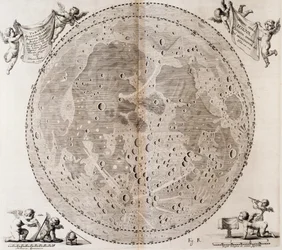 Primeiro mapa detalhado da Lua desenhado em 1647 por Johann Hevelius, impressão tirada do atlas celestial de Johann Hevelius (1611-1687) Selenographia sive Lunae descriptio, Gdansk