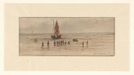 Cena da praia com pescadores e veleiros