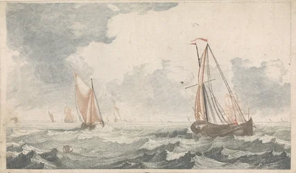 Dois barcos planos navegando um em direcção ao outro
Navios no mar (série A) (título da série)