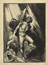 Lúcifer numa paisagem rochosa junto a um riacho, olhando para a luz