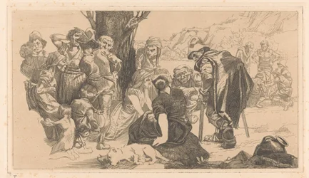 Homens, mulheres e crianças junto a uma árvore