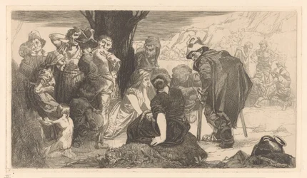 Homens, mulheres e crianças junto a uma árvore