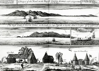 Uma perspectiva da estrada na Baía de Sierra Liona, uma ilustração de vol.5 de &39;A coleção de viagens e viagens&39; de Awnsham e John Churchill, publicada em 1732