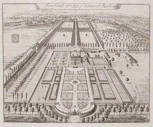 Fairford House, a sede de Samuel Barker, de "Trinta e Seis Diferentes Visões dos Nobres e Senhores de Assentos, no Condado de Kent", de Thomas Badeslade (1718-50), publicado em c.1750