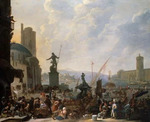 Um Capriccio de um Porto Mediterrâneo com a Fonte Triton de Bernini e um Capriccio do Palais du Louvre, 1651