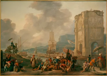 Capricio de um porto italiano com Arco de Constantino