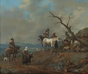 Estrada rural com caçador e camponeses