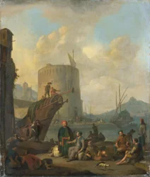 Porto italiano com uma torre fortificada