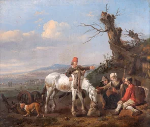 Paisagem com os viajantes em repouso (óleo sobre painel de carvalho)