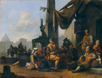 Camponeses italianos a beber à porta de um hotel romano ...