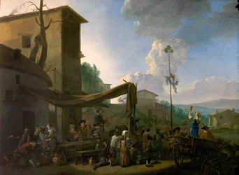 Cena da vila com camponeses Merrymaking (óleo sobre tela)