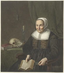 Retrato de uma velha sentada com um livro aberto