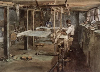 Casal de tecelões Appenzell a trabalhar no tear manual, por volta de 1830
