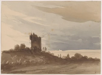 Paisagem com torre dilapidada
